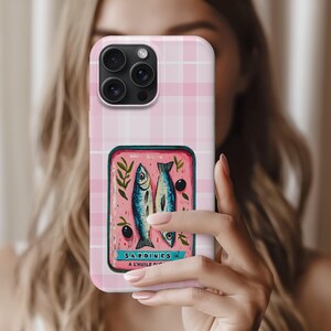 Sardine Phone Case,Pink Retro Tinned Fish Art Design image 1