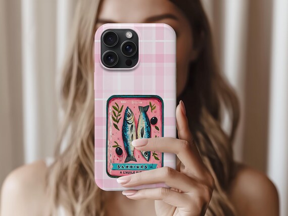 Sardine Phone Case,Pink Retro Tinned Fish Art Design