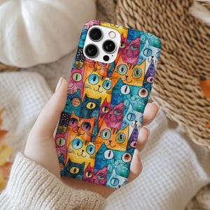 Colorful Cat Phone Case, Cute Cat Lover Gift, Cat Phone Case - Aesthetic Japan Kitty Art Cover for iPhone 15 Pro Max, 14, 13, 12, 11, 8 Plus