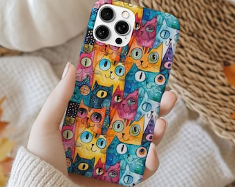 Colorful Cat Phone Case, Cute Cat Lover Gift, Cat Phone Case - Aesthetic Japan Kitty Art Cover for iPhone 15 Pro Max, 14, 13, 12, 11, 8 Plus