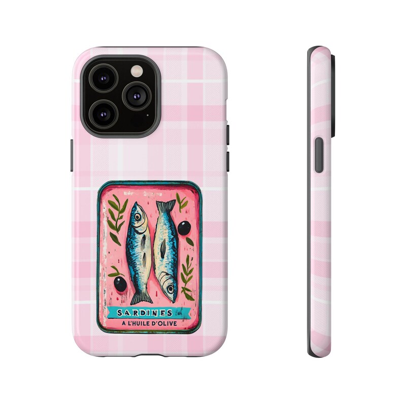 Sardine Phone Case,Pink Retro Tinned Fish Art Design image 13