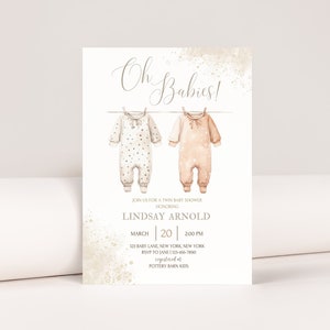 Editable Neutral Twin Baby Shower Invitation, Oh Babies Baby Shower Invite, Baby Clothes Invite, Twin Laundry Baby Shower Party Invite