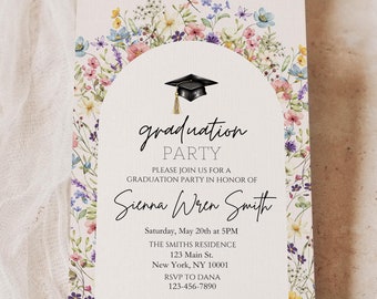 Editable Wildflower Graduation Invitation, Wildflower Graduation Announcement, Graduation Invite Template, Girl Graduation invite with Photo