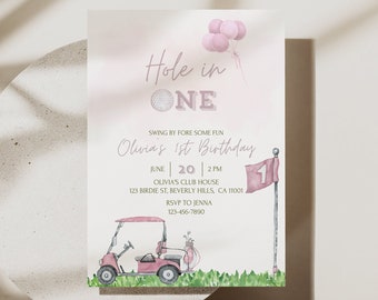 Editable Pink Golf Birthday Invitation, Let's Par Tee, Girl Golf Birthday Invite, Hole in One Party, 1st birthday, Instant download