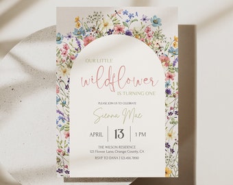 Editable Wildflower First Birthday Invitation Template, Wild Flower 1st Birthday Invite, Colorful Girl Floral Birthday, Little Wildflower