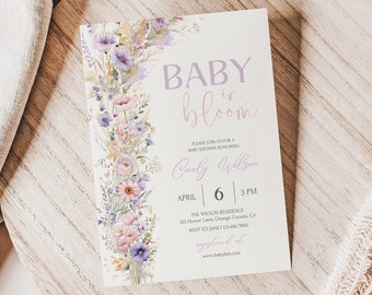 Editable Baby in Bloom Invitation, Wildflowers Baby Shower Invitation, Purple Pink Flower Invite, Wild Flower Invite, Floral Spring Baby