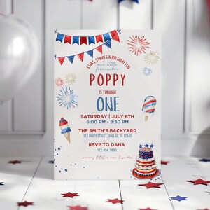 Editable Little Firecracker Birthday Invitation, Fourth of July First Birthday, 4th of July Birthday Party, Firework Summer Patriotic Invite