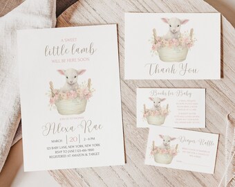 Editable Little Lamb Neutral Baby Shower Invitation Bundle , Sheep Floral Baby Shower, Sweet Lamb Invite, Girl Baby Shower Invite Template