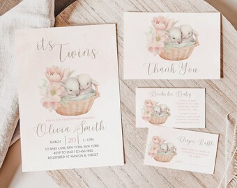 Editable Twin Bunny Baby Shower Invitation Bundle, Floral Baby Shower Invitation, Pastel Bunnies Baby Sprinkle, Twin Babies Bundle
