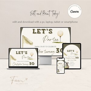 May include: A set of printable invitations for a golf-themed birthday party. The invitations feature a green and brown color scheme with a golf ball and club graphic. The text on the invitations reads "Let's Par-tee" and "Christopher turning 30".
