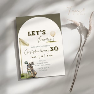 May include: A green and white golf-themed invitation with the text "LET'S Par-tee" and "Christopher turning 30". The invitation includes details for a party on May 14th at 8 PM. The address is 123 Birdie Street, Beverly Hills, CA 11001. RSVP to Jessica at 123-456-7890.