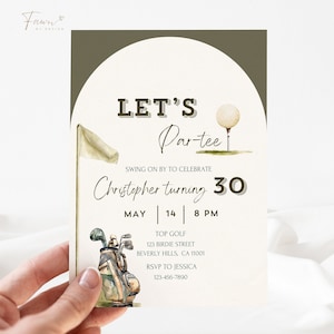 May include: A golf-themed invitation for a 30th birthday party. The invitation features a golf ball, a golf club, and a golf bag. The text on the invitation reads "Let's Par-tee" and "Christopher turning 30". The party is scheduled for May 14th at 8 PM. The location is Top Golf, 123 Birdie Street, Beverly Hills, CA 11001. RSVP to Jessica at 123-456-7890.