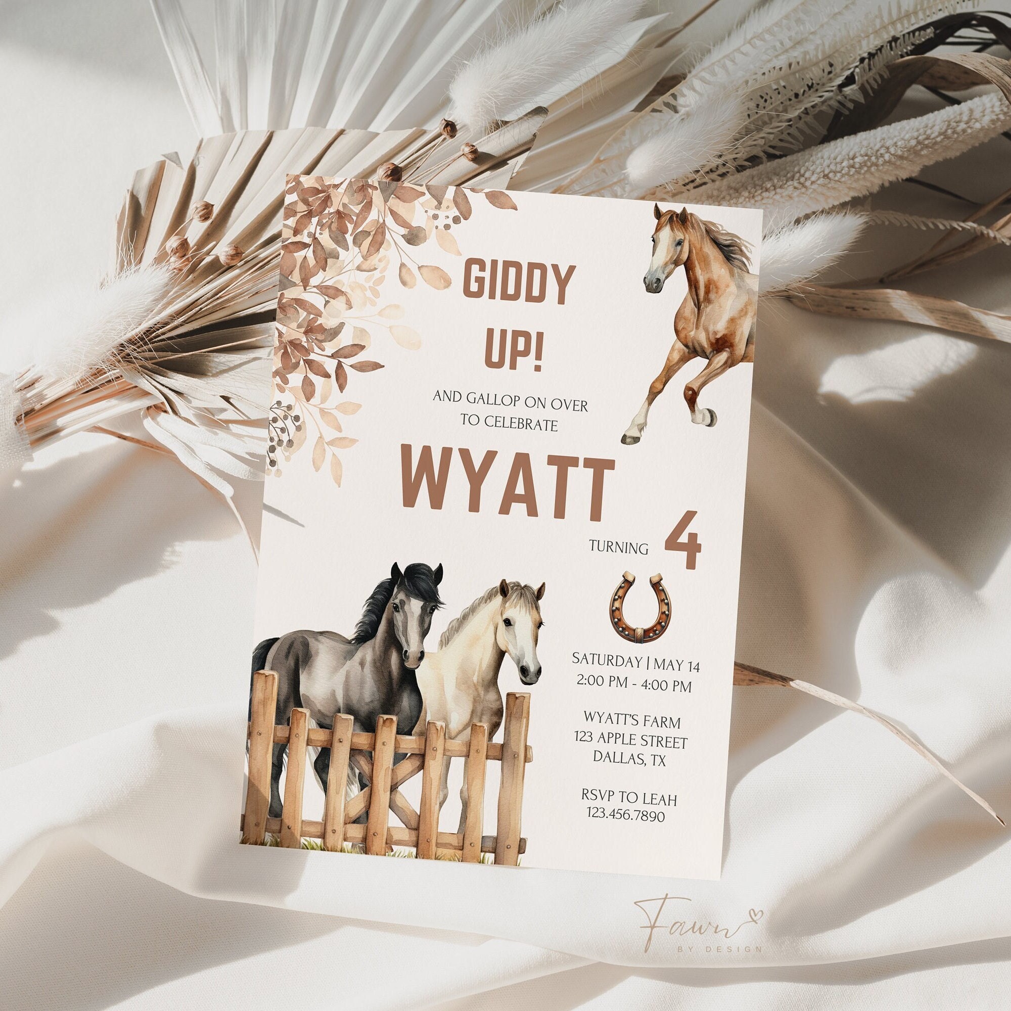 editable-neutral-invitation-horse-birthday-party-watercolor-horse-boy-birthday-white-tan-horse-saddle-up-template-cowboy-party-934-etsy