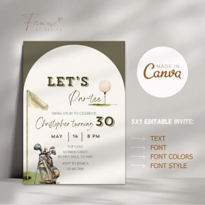 May include: A green and white golf-themed birthday invitation with the text "Let's Par-tee" and "Christopher turning 30". The invitation includes details for a golf party on May 14th at 8 PM.
