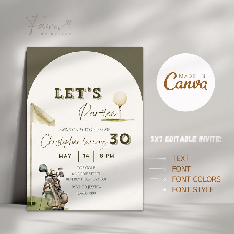 May include: A green and white golf-themed birthday invitation with the text "Let's Par-tee" and "Christopher turning 30". The invitation includes details for a golf party on May 14th at 8 PM.