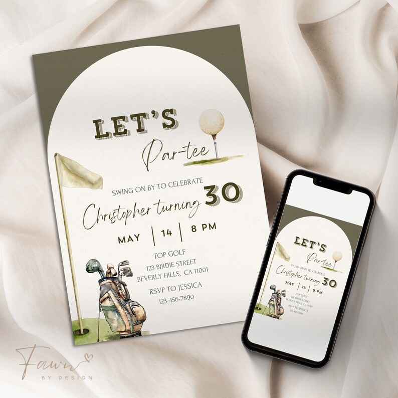 May include: A green and white golf-themed invitation for a 30th birthday party. The invitation says "Let's Par-tee" and "Christopher turning 30". The invitation includes a date and time, an address, and RSVP information.