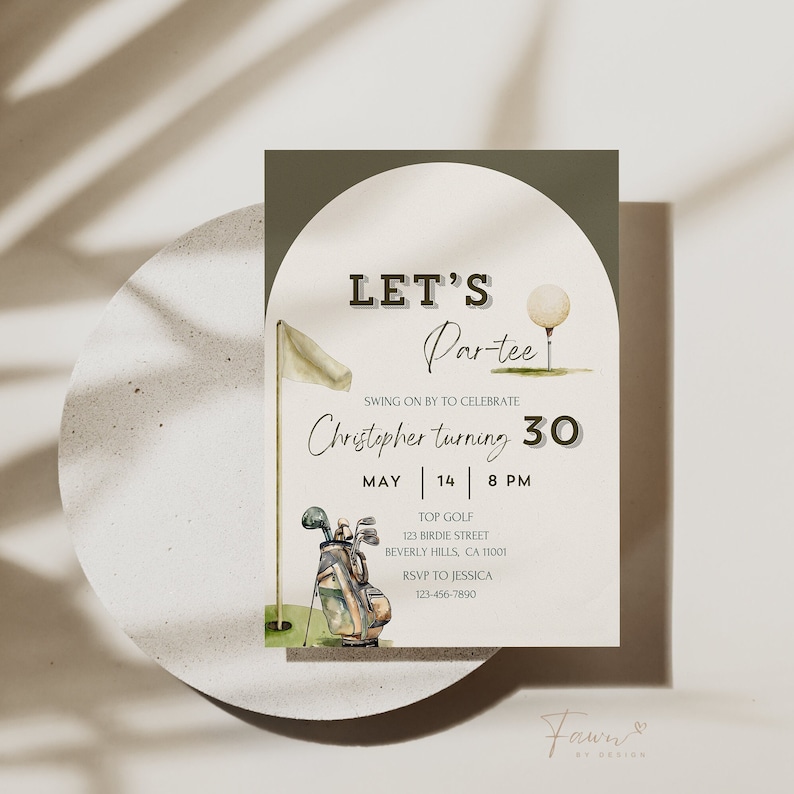May include: A golf-themed invitation with a green and white color scheme. The invitation features a golf bag, golf balls, and a flag. The text on the invitation reads "Let's Par-tee" and "Christopher turning 30".