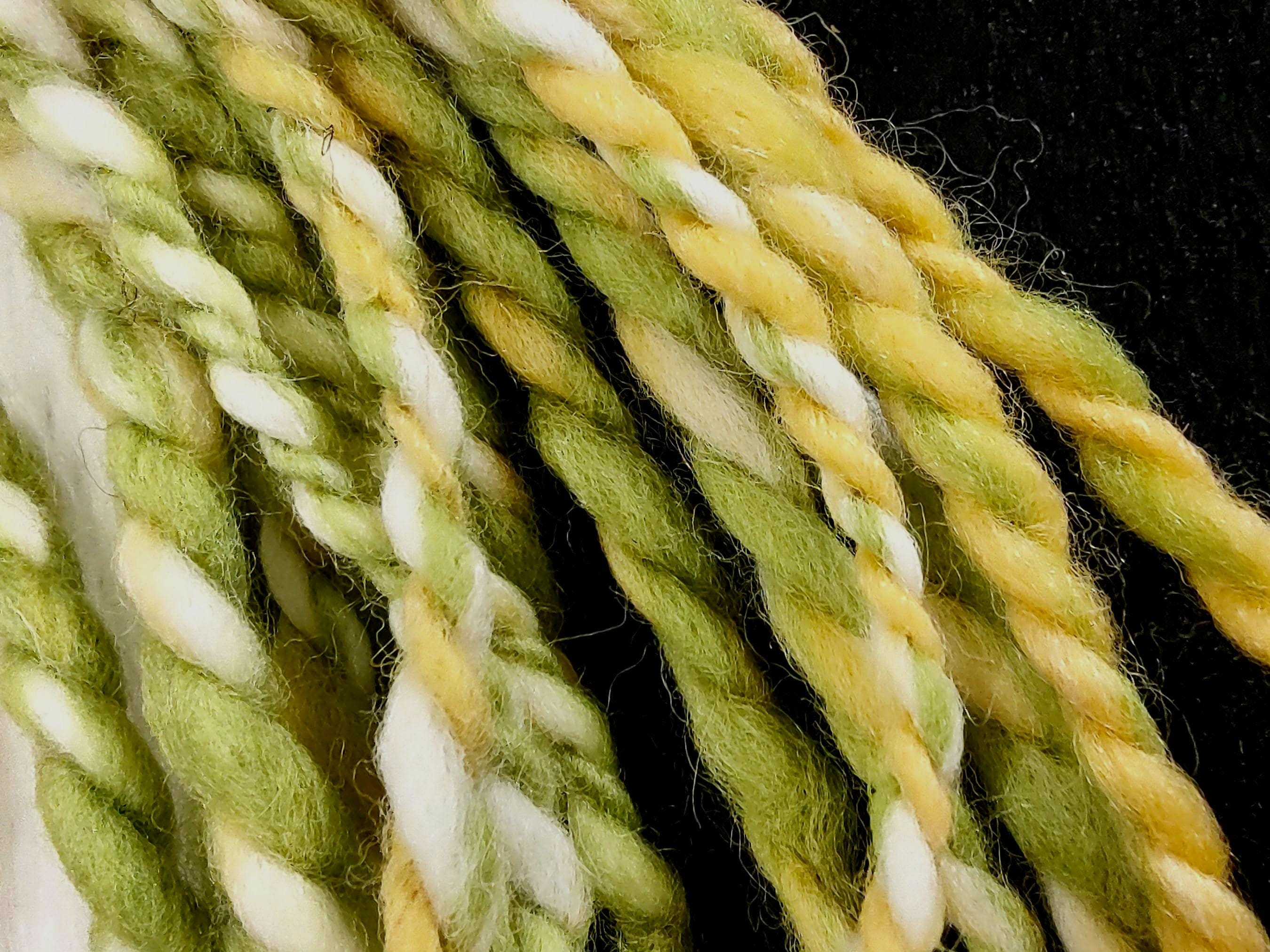 Buttercup Yellow, Green, White 100% Merino Self-Stripe Handspun Thick and Thin Art Yarn for Tapestry Weaving, Felting, Knit, Crochet