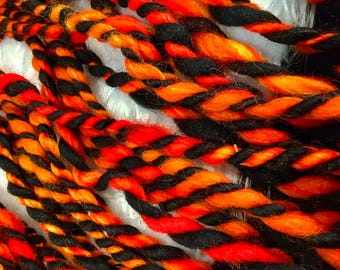 Bonfire Red Orange and Black 100% Merino Handspun Wool Art Yarn Thick and Thin for Tapestry Weaving, Felting, Knit, and Crochet
