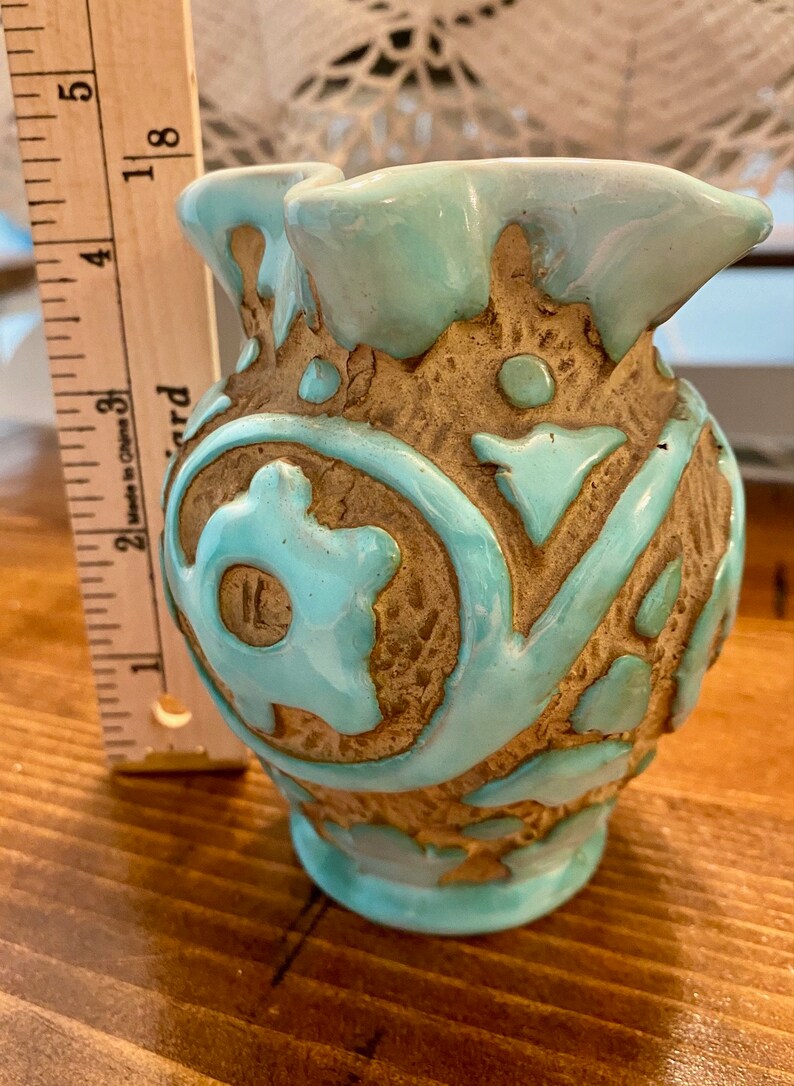PV Mid Century Italian Pottery Sgraffito Creamer Turquoise and Beige Etsy