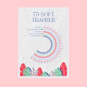 May include: A colorful circular chart with 75 squares, divided into four sections. The chart is labeled "75 Soft Tracker" and includes the following goals: "BL water", "Read (at least 15 pages)", "Step goals", "45 mins of exercise", and "Eat well (80/20)".