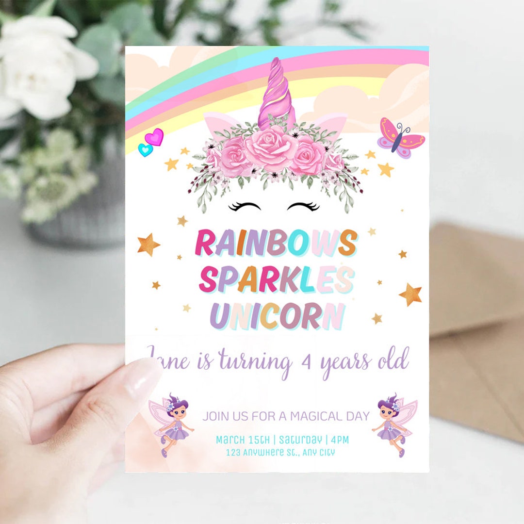Editable Unicorn Rainbow Birthday Invitation Unicorns Rainbows Sparkles ...