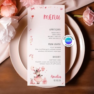 Zebra-Menü Canva Template Geburtstagsmenü druckbares DIY-Zebra-Thema-Menü digitale Datei - Rosa-Menü bearbeiten