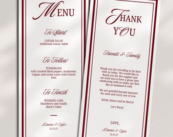 Menu z motywem starych pieniędzy i karta z podziękowaniami, klasyczne, bordowe menu, elegancki szablon Canva