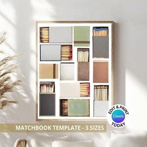 Pu&ograve; includere: Un modello di arte da parete stampabile digitale che presenta un collage di scatole di fiammiferi in vari colori e motivi. Il modello &egrave; disponibile in tre dimensioni e pu&ograve; essere modificato e stampato usando Canva.