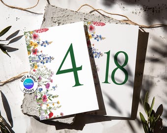 Numery stołów z motywem kwiatów polnych Szablon Canva Numery stołów z motywem kwiatów polnych DIY Numery stołów z motywem kwiatów polnych Edytowalne karty stołowe z motywem kwiatów