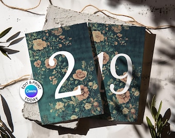 Numery stołów gobelinowych Canva Template Floral Vintage Numery stołów gobelinowych DIY Numery stołów Niebieski Romantyczny Elegancki Numery stołów Boho