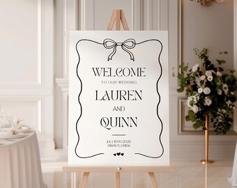 Szablon Canva z napisem powitalnym Coquette Falisty znak powitalny na wesele Kokarda Znak powitalny DIY Znak powitalny w 4 rozmiarach Plakat powitalny Coquette Bow