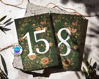 Numery stołów gobelinowych Szablon Canva Kwiatowy Vintage Numery stołów gobelinowych DIY Numery stołów Zielone i różowe Romantyczne Eleganckie numery stołów