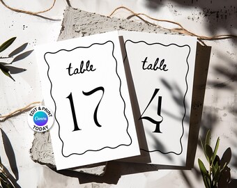 Faliste numery stołów Szablon Canva Faliste numery stołów Numery stołów DIY EDYTOWALNE KOLORY Faliste numery stołów