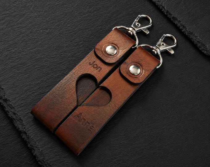 Personalized Leather Couple Keyrings | Heart Cut Out Anniversary Gift