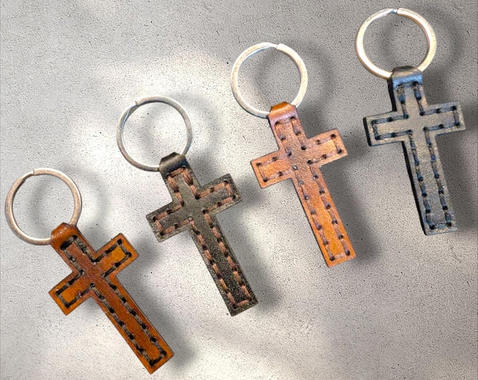 Handmade Leather Cross Keyring: Hand-Stitched, Made to Order - Christian