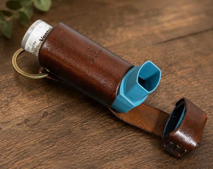 Handmade Leather Inhaler Case Keyring: Personalized Asthma Cover - Ventolin - Salbutamol