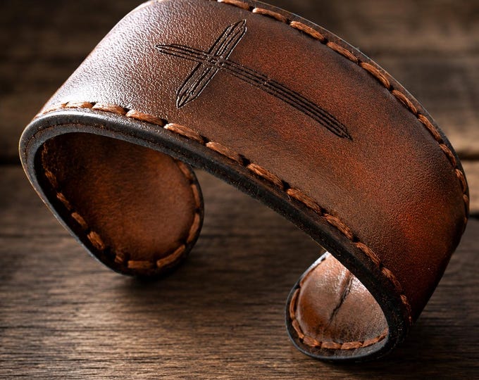 Personalised Leather Cuff Bracelet, Engraved Cross, Faith Gift for Him