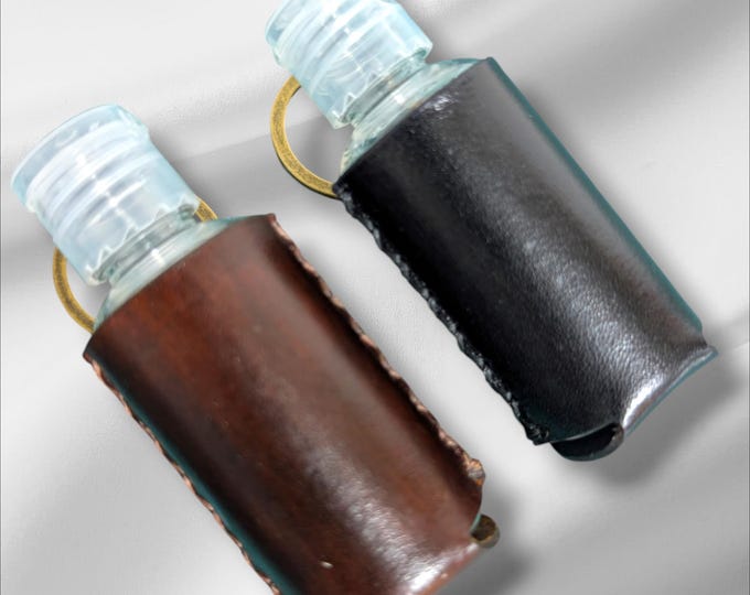 Handmade Leather Hand Sanitizer Holder Keyring - Personalised. 30ml refillable bottle included