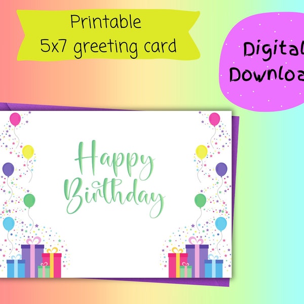 Birthday Cards Digital Download, Simple layout Happy Birthday Cards, colorful balloon and present birthday printable card, B-day card