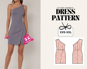 Wrap Dress Sewing Pattern, Mini Dress Sewing Pattern, One Shoulder dress Pattern, Women's Dress Pattern, PDF Sewing Pattern, Cocktail Dress