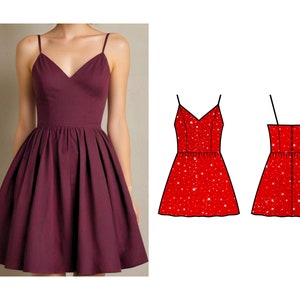 May include: A burgundy-colored dress with a V-neckline and spaghetti straps. The dress features a fitted bodice and a flared skirt. A design of a red dress with white sparkles is also shown.