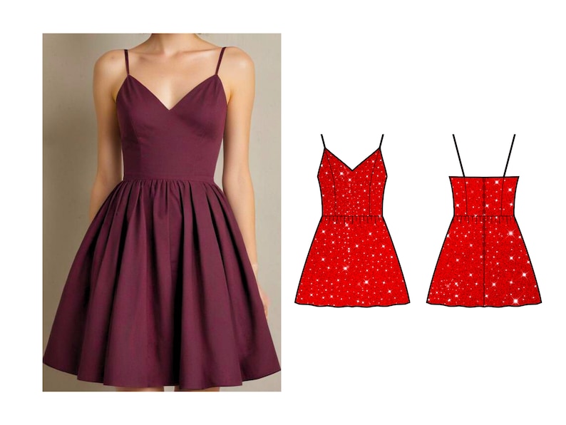 May include: A burgundy-colored dress with a V-neckline and spaghetti straps. The dress features a fitted bodice and a flared skirt. A design of a red dress with white sparkles is also shown.