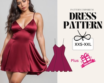 Patrón de costura de vestido, vestido con falda circular, vestido acampanado, escote pronunciado, patrón digital en PDF, patrón de vestido de mujer. Patrones de costura fáciles