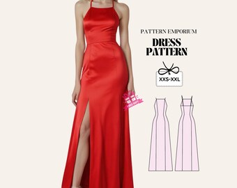 Patrón de vestido con abertura, vestido largo, vestido con cuello halter, patrón de costura digital en PDF, patrón de vestido de mujer, patrón de costura para principiantes