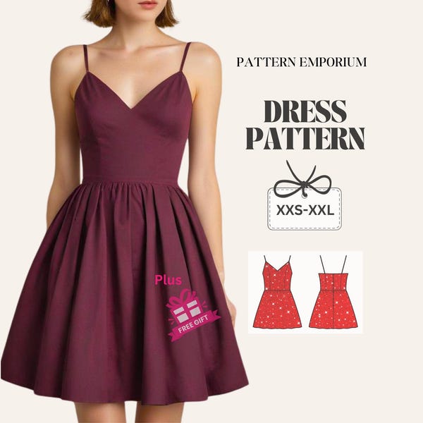 Mini Dress Sewing Pattern, V Neckline Dress , Bustier Pattern, Digital PDF Pattern, Women's Dress Patterns, Easy Pattern, Gathered Skirt