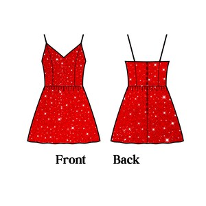 May include: A red glittery dress with thin spaghetti straps and a V-neckline. The dress has a fitted bodice and a flared skirt. The word "Front" is written below the front view of the dress, and the word "Back" is written below the back view.