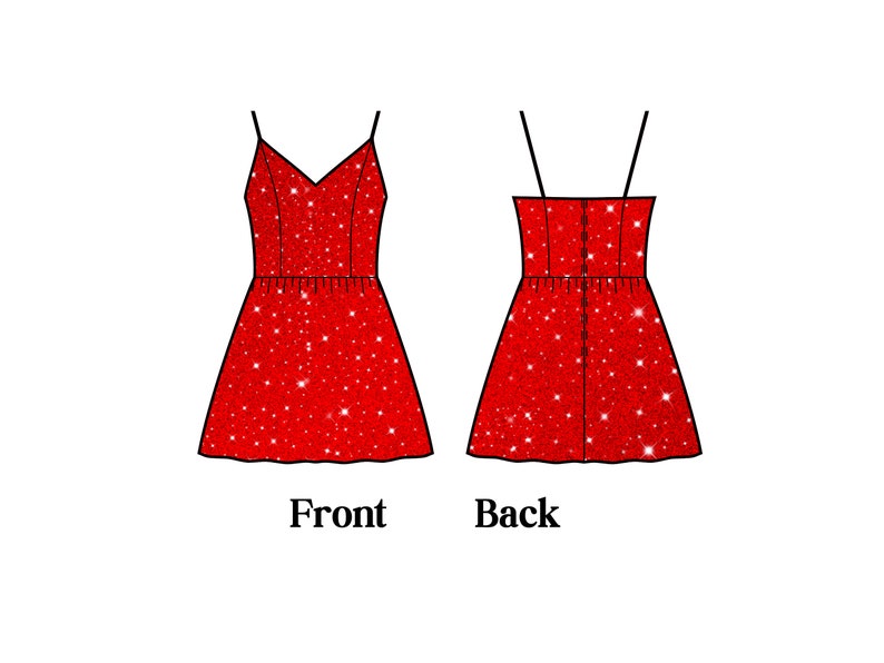 May include: A red glittery dress with thin spaghetti straps and a V-neckline. The dress has a fitted bodice and a flared skirt. The word "Front" is written below the front view of the dress, and the word "Back" is written below the back view.