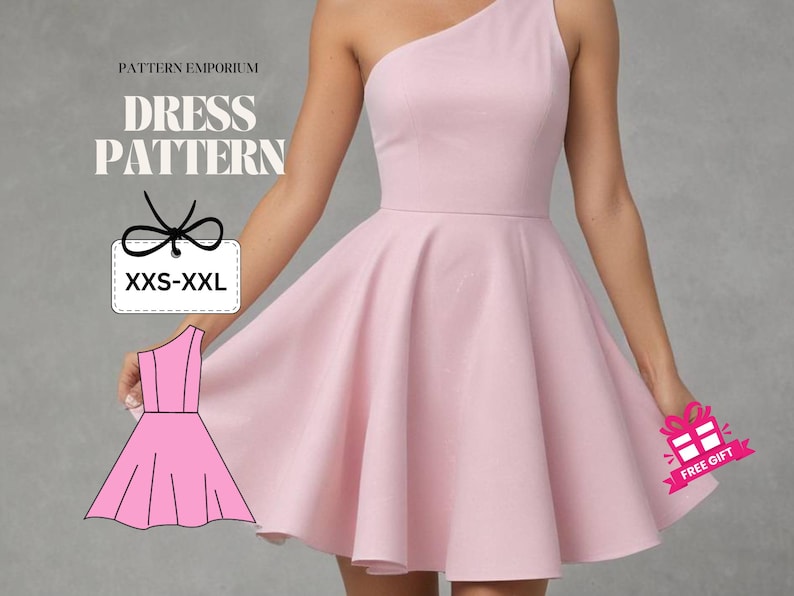 May include: A light pink one-shoulder dress pattern with a flared skirt. The image includes a sketch of the dress and text that reads "DRESS PATTERN" and "XXS-XXL". A small gift tag is also visible.