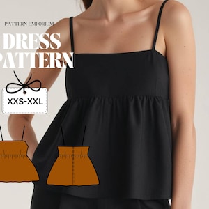 May include: A black dress pattern with thin straps and a square neckline. The text "DRESS PATTERN" is at the top, with a tag that says "XXS-XXL". Two brown illustrations of the dress are shown below the tag. The dress has a gathered waist.